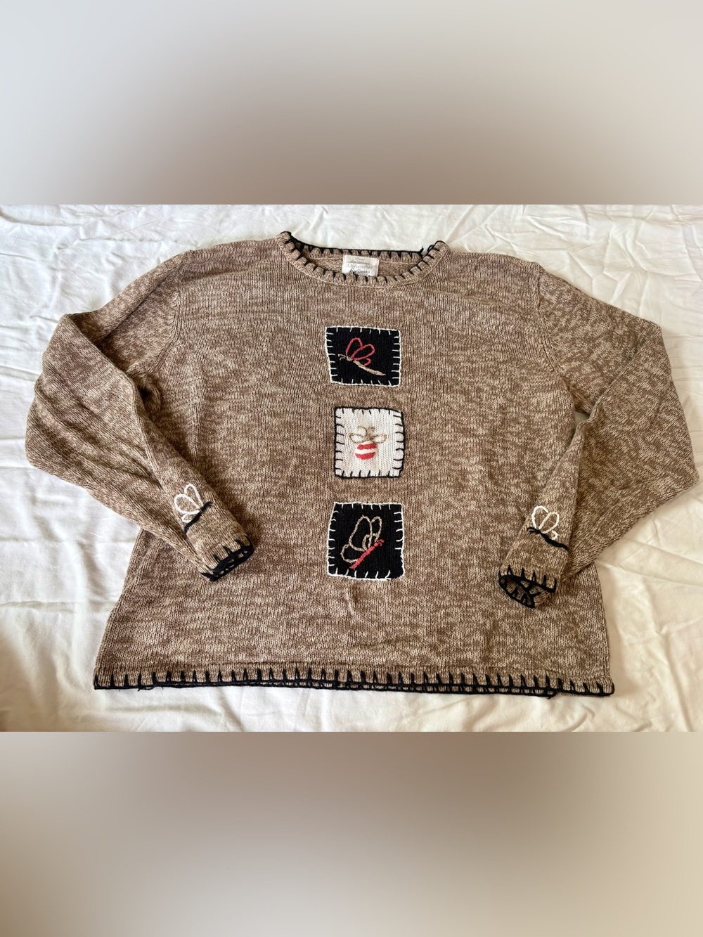 Christopher & Banks Brown Marled Crewneck Sweater with Embroidered Patches
